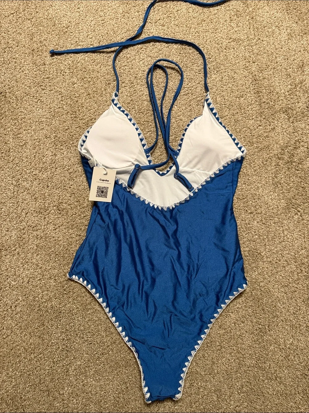 Cupshe Sexy Multi-Strap Blue One-Piece Swimsuit with Embroidered White Trim - Picture 2 of 2